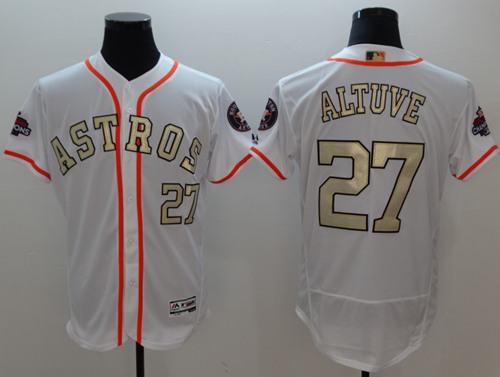Houston Astros #27 Jose Altuve White FlexBase Authentic 2017 World Series Champions Gold Program Stitched Baseball Jersey