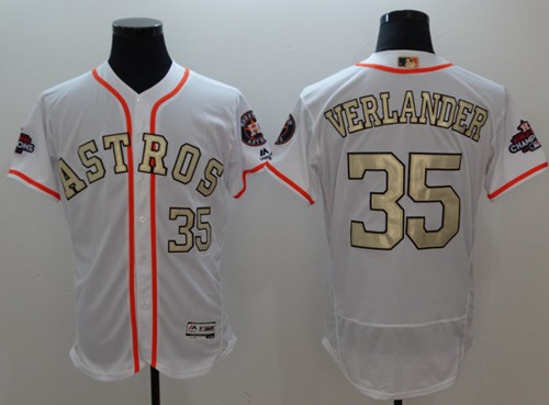 Houston Astros #35 Justin Verlander White FlexBase Authentic 2017 World Series Champions Gold Program Stitched Baseball Jersey