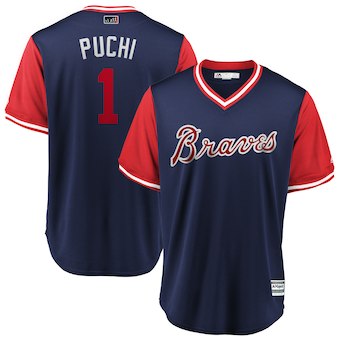 Men’s Atlanta Braves 1 Ozzie Albies Puchi Majestic Navy 2018 Players’ Weekend Cool Base Jersey