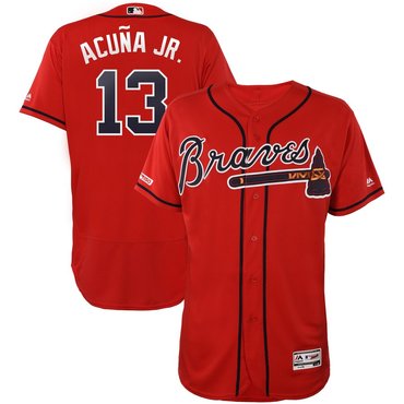 Men’s Atlanta Braves #13 Ronald Acuna Jr Scarlet 150th Patch Flexbase Jersey