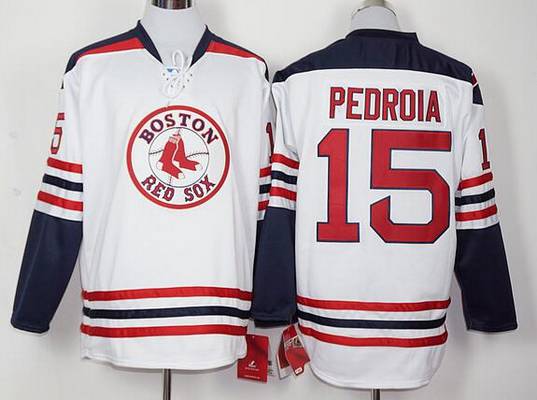 Men’s Boston Red Sox #15 Dustin Pedroia Home White Long Sleeve Baseball Jersey