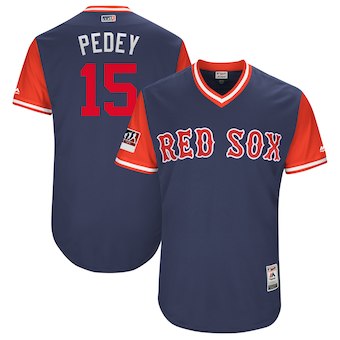 Men’s Boston Red Sox 15 Dustin Pedroia Pedey Majestic Navy 2018 Players’ Weekend Authentic Jersey