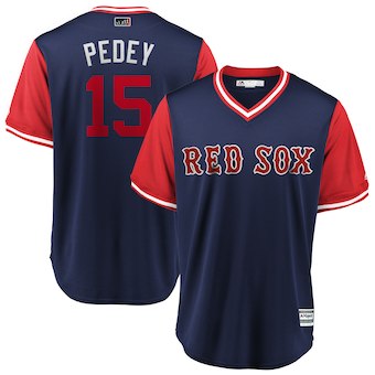 Men’s Boston Red Sox 15 Dustin Pedroia Pedey Majestic Navy 2018 Players’ Weekend Cool Base Jersey