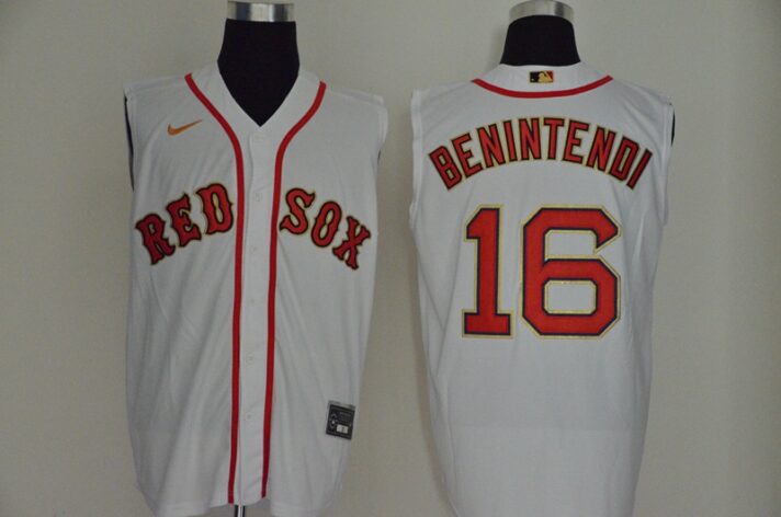 Men’s Boston Red Sox #16 Andrew Benintendi White With Gold 2020 Cool and Refreshing Sleeveless Fan Stitched MLB Nike Jersey