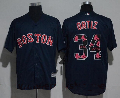 Men’s Boston Red Sox #34 David Ortiz Navy Blue Team Logo Ornamented Stitched MLB Majestic Cool Base Jersey