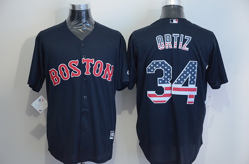 Men’s Boston Red Sox #34 David Ortiz Navy Blue USA Flag Fashion MLB Baseball Jersey