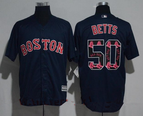 Men’s Boston Red Sox #50 Mookie Betts Navy Blue Team Logo Ornamented Stitched MLB Majestic Cool Base Jersey