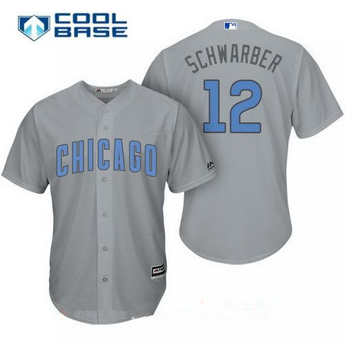 Men’s Chicago Cubs #12 Kyle Schwarber Gray with Baby Blue Father’s Day Stitched MLB Majestic Cool Base Jersey