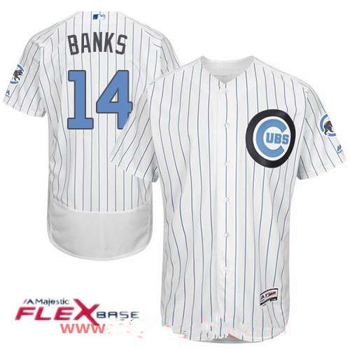 Men’s Chicago Cubs #14 Ernie Banks White with Baby Blue Father’s Day Stitched MLB Majestic Flex Base Jersey