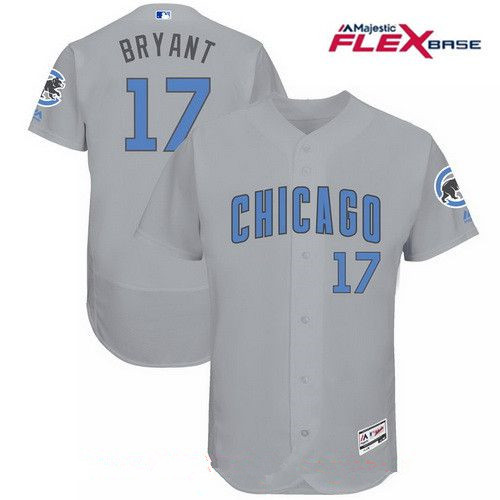 Men’s Chicago Cubs #17 Kris Bryant Gray with Baby Blue Father’s Day Stitched MLB Majestic Flex Base Jersey