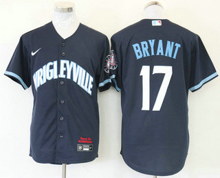 Men’s Chicago Cubs #17 Kris Bryant Navy Blue 2021 City Connect Stitched MLB Cool Base Nike Jersey