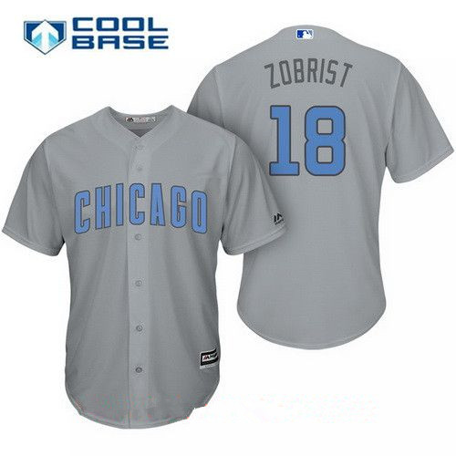 Men’s Chicago Cubs #18 Ben Zobrist Gray with Baby Blue Father’s Day Stitched MLB Majestic Cool Base Jersey