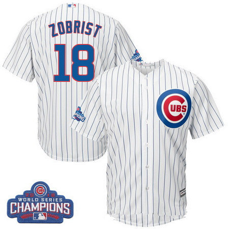 Men’s Chicago Cubs #18 Ben Zobrist Majestic White Home 2016 World Series Champions Team Logo Patch Player Jersey