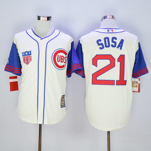 Men’s Chicago Cubs #21 Sammy Sosa Retired Cream 1942 Majestic Cooperstown Collection Throwback Jersey