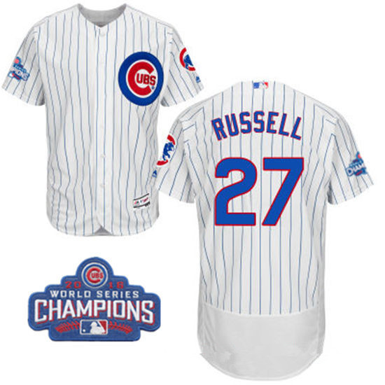 Men’s Chicago Cubs #27 Addison Russell White Home Majestic Flex Base 2016 World Series Champions Patch Jersey