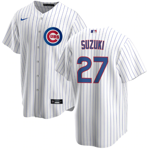Men’s Chicago Cubs #27 Seiya Suzuki White Cool Base Stitched Baseball Jersey