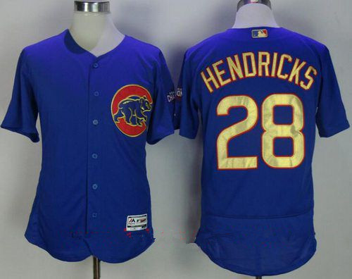 Men’s Chicago Cubs #28 Kyle Hendricks Royal Blue World Series Champions Gold Stitched MLB Majestic 2017 Flex Base Jersey