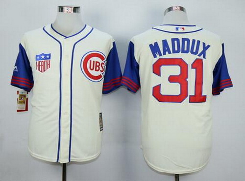 Men’s Chicago Cubs #31 Greg Maddux Retired Cream 1942 Majestic Cooperstown Collection Throwback Jersey