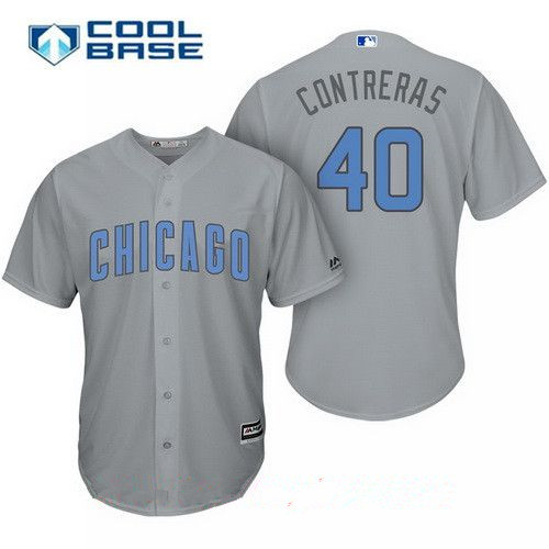 Men’s Chicago Cubs #40 Willson Contreras Gray with Baby Blue Father’s Day Stitched MLB Majestic Cool Base Jersey
