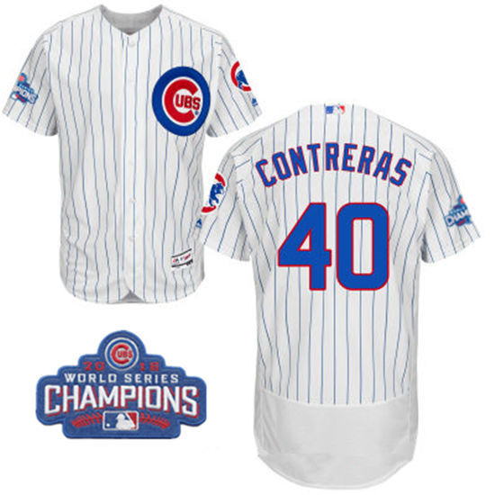 Men’s Chicago Cubs #40 Willson Contreras White Home Majestic Flex Base 2016 World Series Champions Patch Jersey