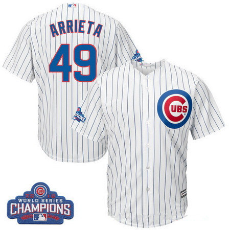 Men’s Chicago Cubs #49 Jake Arrieta Majestic White Home 2016 World Series Champions Team Logo Patch Player Jersey