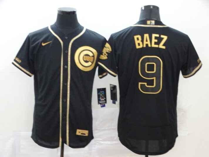 Men’s Chicago Cubs #9 Javier Baez Black Golden Stitched MLB Flex Base Nike Jersey