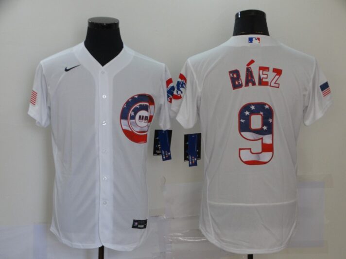 Men’s Chicago Cubs #9 Javier Baez Blue White USA Flag Stitched MLB Flex Base Nike Jersey