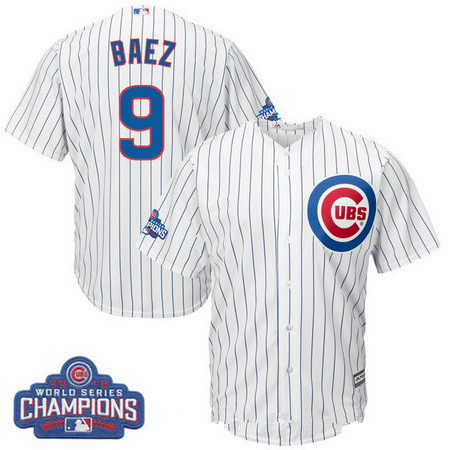 Men’s Chicago Cubs #9 Javier Baez Majestic White Home 2016 World Series Champions Team Logo Patch Player Jersey