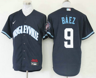Men’s Chicago Cubs #9 Javier Baez Navy Blue 2021 City Connect Stitched MLB Cool Base Nike Jersey