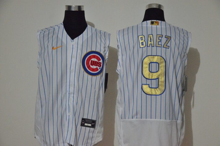 Men’s Chicago Cubs #9 Javier Baez White Gold 2020 Cool and Refreshing Sleeveless Fan Stitched Flex Nike Jersey