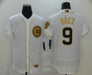 Men’s Chicago Cubs #9 Javier Baez White Golden Stitched MLB Flex Base Nike Jersey