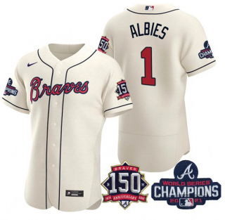 Men’s Cream Atlanta Braves #1 Ozzie Albies 2021 World Series Champions With 150th Anniversary Flex Base Stitched Jersey