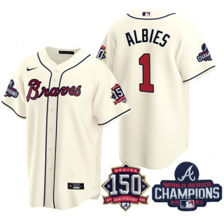 Men’s Cream Atlanta Braves #1 Ozzie Albies 2021 World Series Champions With 150th Anniversary Patch Cool Base Stitched Jersey