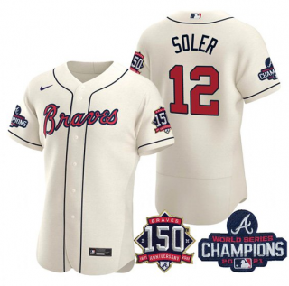 Men’s Cream Atlanta Braves #12 Jorge Soler 2021 World Series Champions With 150th Anniversary Flex Base Stitched Jersey