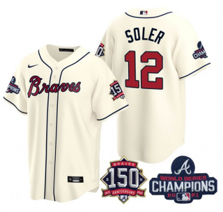 Men’s Cream Atlanta Braves #12 Jorge Soler 2021 World Series Champions With 150th Anniversary Patch Cool Base Stitched Jersey