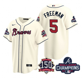 Men’s Cream Atlanta Braves #5 Freddie Freeman 2021 World Series Champions With 150th Anniversary Patch Cool Base Stitched Jersey