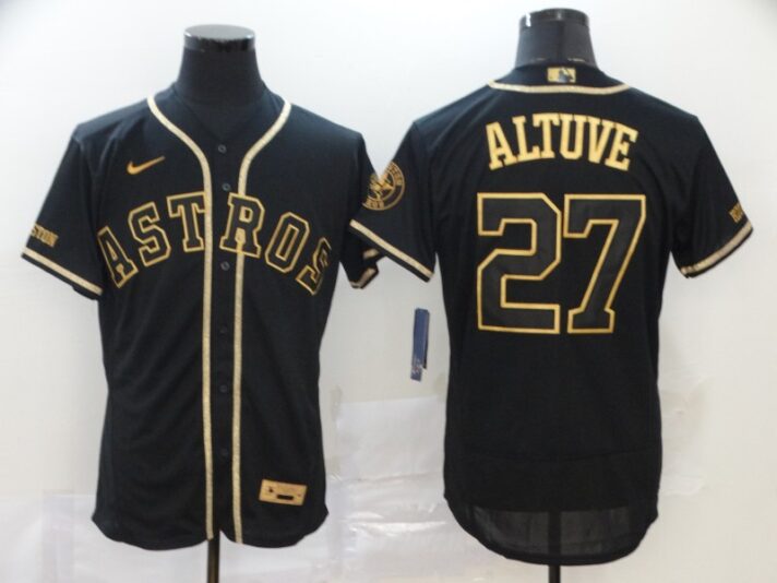 Men’s Houston Astros #27 Jose Altuve Black Gold Stitched MLB Flex Base Nike Jersey
