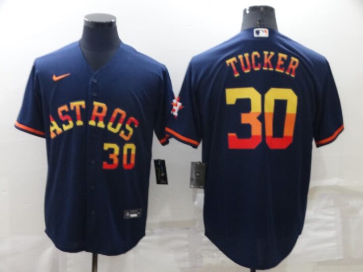 Men’s Houston Astros #30 Kyle Tucker Number Navy Blue Rainbow Stitched MLB Cool Base Nike Jersey