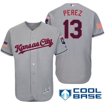Men’s Kansas City Royals #13 Salvador Perez Gray Stars & Stripes Fashion Independence Day Stitched MLB Majestic Cool Base Jersey