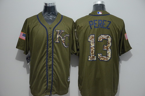 Men’s Kansas City Royals #13 Salvador Perez Green Salute to Service Majestic Baseball Jersey