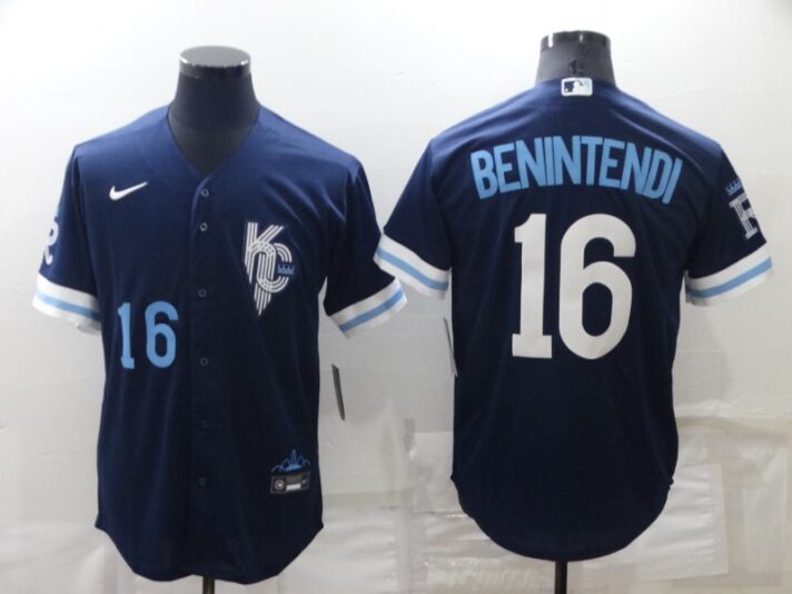 Men’s Kansas City Royals #16 Andrew Benintendi Number 2022 Navy Blue City Connect Cool Base Stitched Jersey