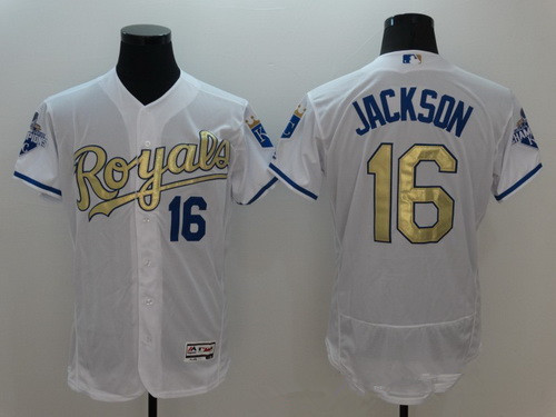 Men’s Kansas City Royals #16 Bo Jackson Retired Majestic White World Series Champions Gold Program FlexBase Player Jersey