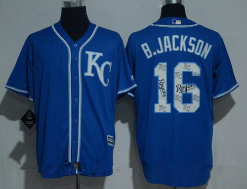 Men’s Kansas City Royals #16 Bo Jackson Retired Royal Blue Team Logo Ornamented Stitched MLB Majestic Cool Base Jersey