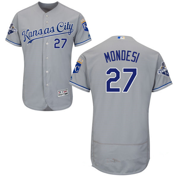 Men’s Kansas City Royals #27 Raul A. Mondesi Gray Road Stitched MLB 2016 Majestic Flex Base Jersey with 2015 World Series Champions Patch