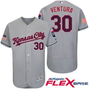 Men’s Kansas City Royals #30 Yordano Ventura Gray Stars & Stripes Fashion Independence Day Stitched MLB Majestic Flex Base Jersey