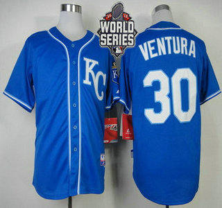 Men’s Kansas City Royals #30 Yordano Ventura KC Blue Alternate Baseball Jersey With 2015 World Series Patch