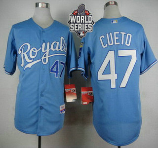 Men’s Kansas City Royals #47 Johnny Cueto Light Blue Alternate Baseball Jersey With 2015 World Series Patch