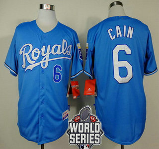 Men’s Kansas City Royals #6 Lorenzo Cain Light Blue Alternate Baseball Jersey With 2015 World Series Patch