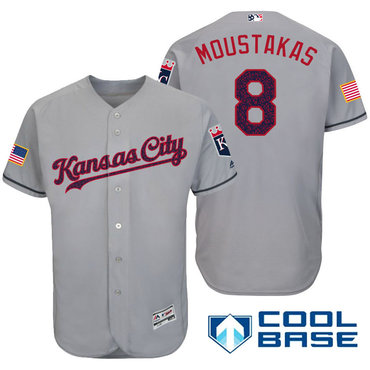 Men’s Kansas City Royals #8 Mike Moustakas Gray Stars & Stripes Fashion Independence Day Stitched MLB Majestic Cool Base Jersey