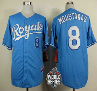Men’s Kansas City Royals #8 Mike Moustakas Light Blue Alternate Baseball Jersey With 2015 World Series Patch
